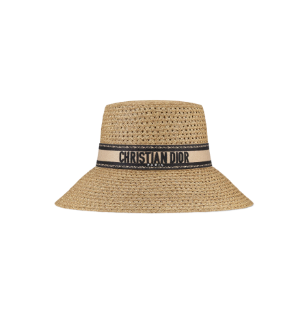 D-Bobby Large Brim Hat  Straw with Beige and Black Embroidered Band