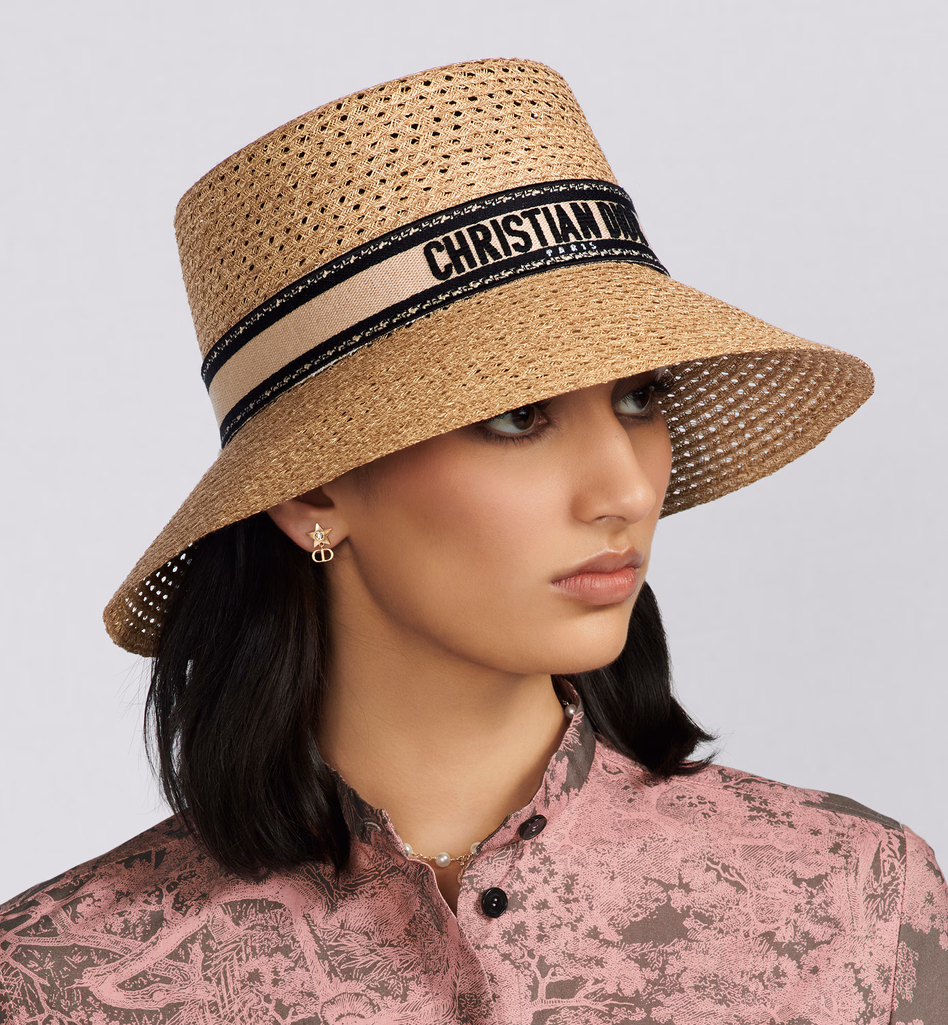 D-Bobby Large Brim Hat  Straw with Beige and Black Embroidered Band - Image 2