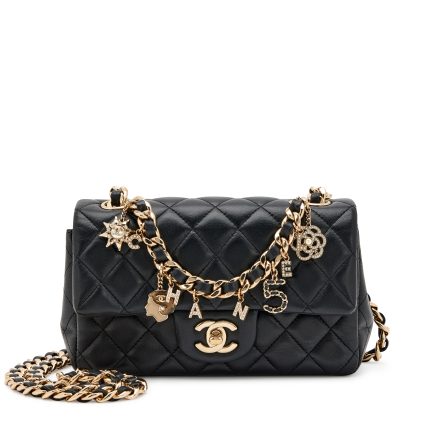 Black Quilted Lambskin Mini Rectangular Coco Charms Flap Bag